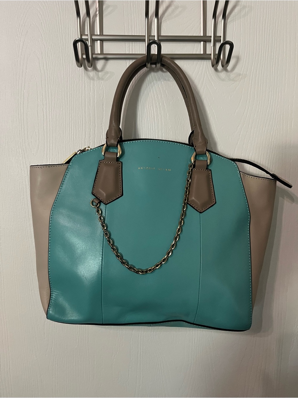 Antonio Melani Teal and Gray Leather Chain-Accent Satchel